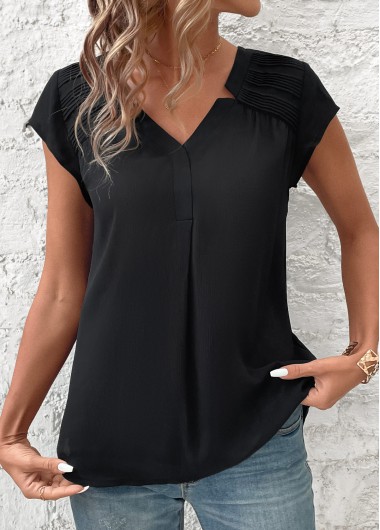 ROTITA Patchwork Black V Neck Short Sleeve Blouse