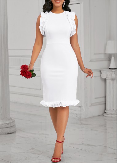 ROTITA Frill White Round Neck Sleeveless Bodycon Dress