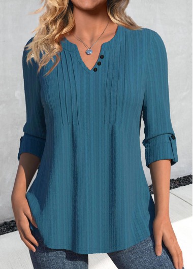 ROTITA Tuck Stitch Peacock Blue Split Neck Long Sleeve Blouse