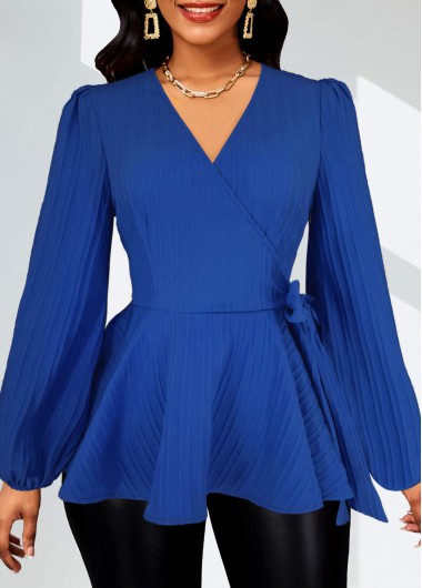 ROTITA Surplice Royal Blue V Neck Long Sleeve Blouse