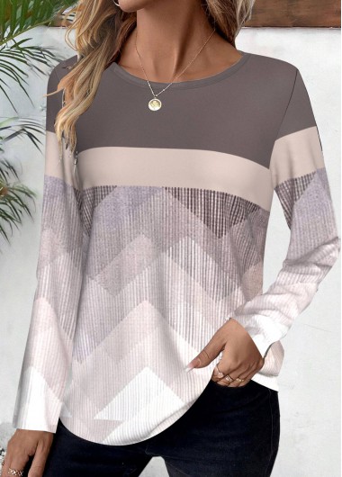 ROTITA Patchwork Geometric Print Light Coffee Round Neck T Shirt