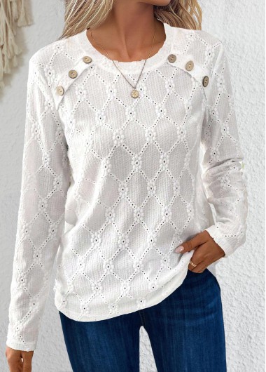 ROTITA Button White Round Neck Long Sleeve T Shirt