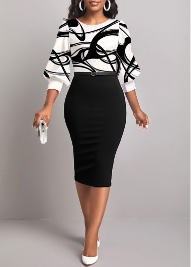 ROTITA Ink Painting Print Black Round Neck Dress