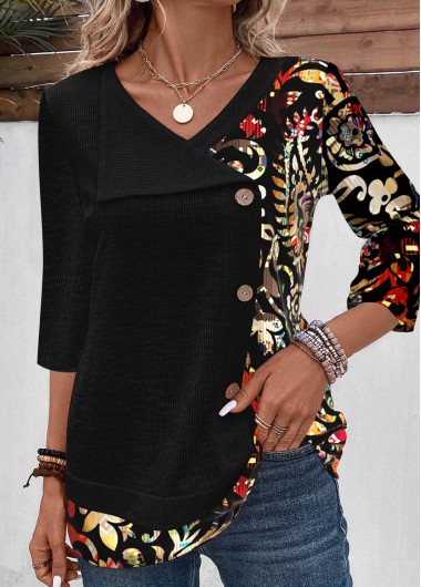 ROTITA Fake 2in1 Tribal Print Black V Neck T Shirt