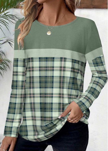 ROTITA Patchwork Plaid Sage Green Round Neck T Shirt
