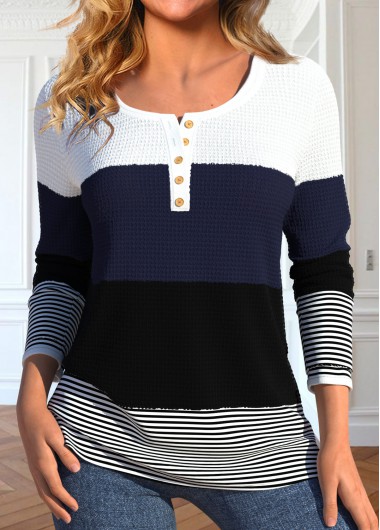 ROTITA Patchwork Striped Black Round Neck Long Sleeve T Shirt