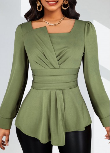 ROTITA Ruched Sage Green Asymmetrical Neck Long Sleeve Blouse