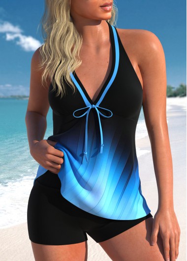 ROTITA Bowknot V Neck Blue Ombre Tankini Top