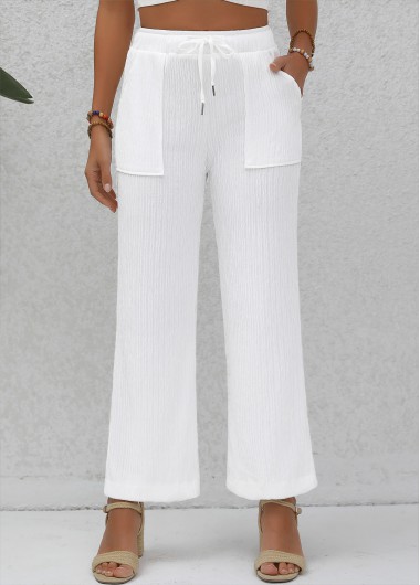 Double Side Pockets White Elastic Waist High Waisted Pants
