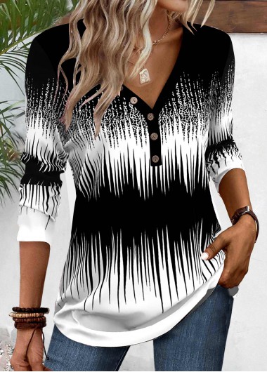 ROTITA Patchwork Ombre Black V Neck Long Sleeve T Shirt