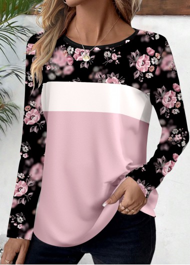 ROTITA Patchwork Ditsy Floral Print Pink Round Neck T Shirt