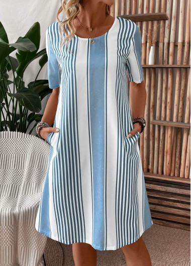 Pocket Striped Light Blue Round Neck Shift Dress