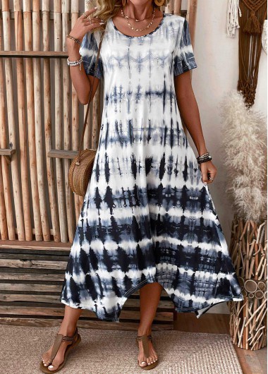 Pocket Tie Dye Print Dusty Blue A Line Dress