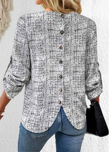 ROTITA Button Graffiti Print Black V Neck Long Sleeve Blouse