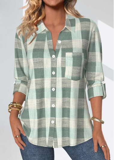 ROTITA Button Plaid Sage Green Shirt Collar Blouse