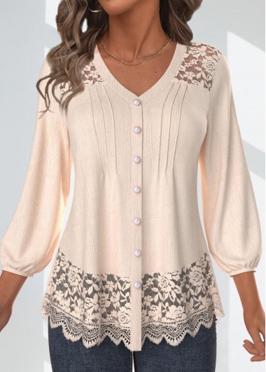 ROTITA Lace Skin Color V Neck 3/4 Sleeve Blouse