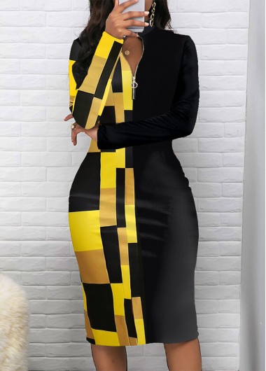 ROTITA Patchwork Geometric Print Black Stand Collar Bodycon Dress
