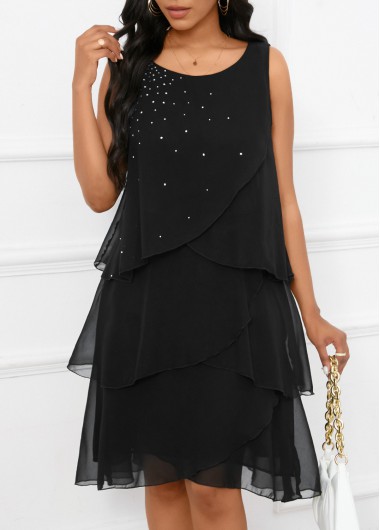 ROTITA Hot Drilling Black A Line Round Neck Sleeveless Dress