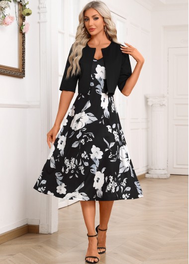ROTITA Two Piece Floral Print Black Dress and Cardigan
