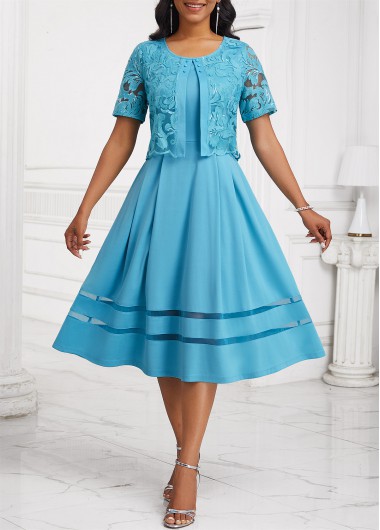 ROTITA Sequin Light Blue Round Neck Dress and Cardigan