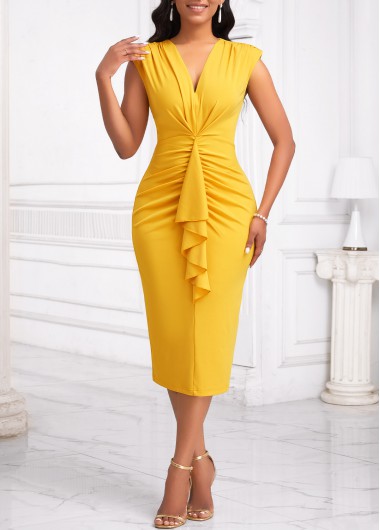 ROTITA Ruffle Yellow V Neck Short Sleeve Bodycon Dress