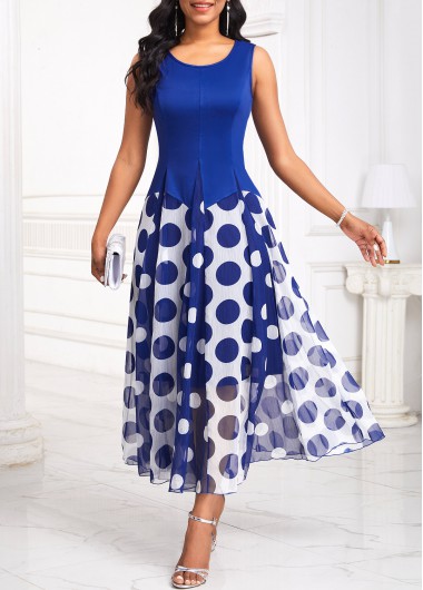 ROTITA Insert Polka Dot Navy Round Neck Sleeveless Dress