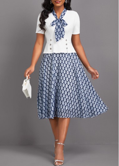 ROTITA Patchwork Tribal Print White Tie Collar Short Sleeve Dress