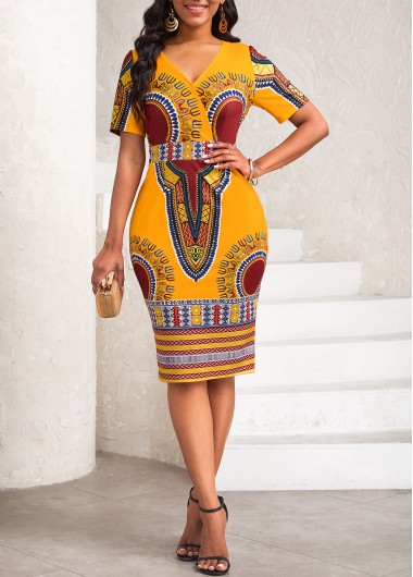 ROTITA Patchwork African Tribal Print Orange V Neck Bodycon Dress