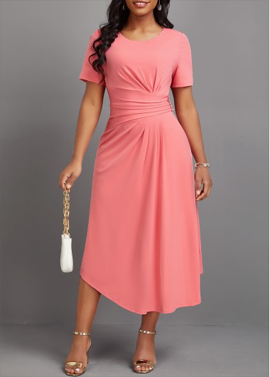 ROTITA Asymmetry Pink Round Neck Short Sleeve Dress