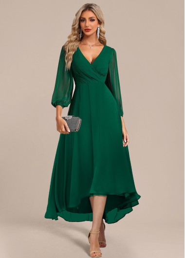 ROTITA Surplice Green Zipper High Low V Neck Dress
