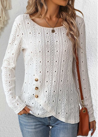 ROTITA Cross Hem White Round Neck Long Sleeve T Shirt