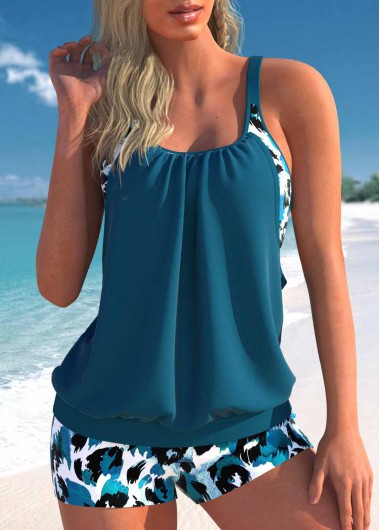 ROTITA Fake 2in1 Peacock Blue Leopard Tankini Set