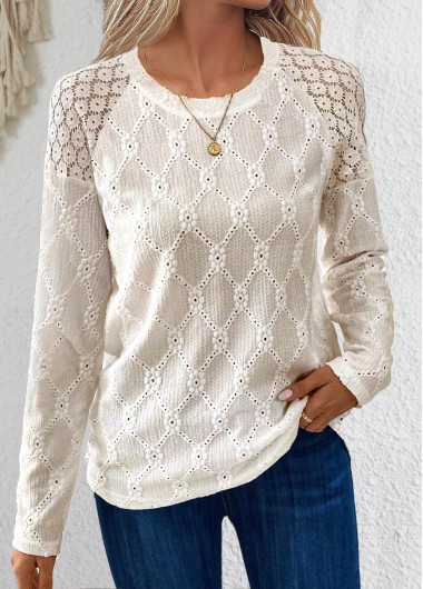 ROTITA Lace Beige Round Neck Long Sleeve T Shirt