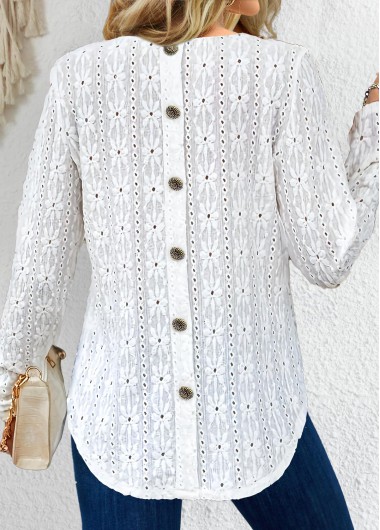 ROTITA Button White Round Neck Long Sleeve T Shirt