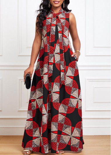 ROTITA Ribbon Geometric Print Red A Line Sleeveless Dress