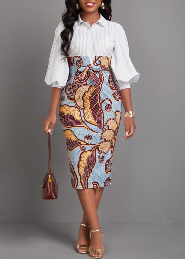 ROTITA Patchwork Leaf Print Ginger Belted Shirt Collar Bodycon Dress