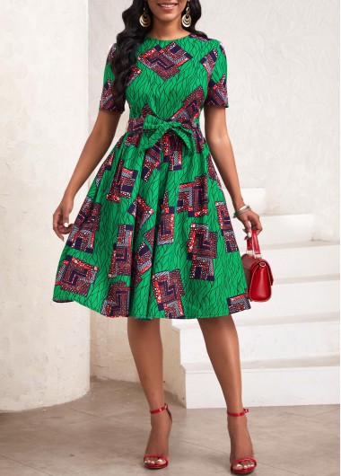 ROTITA Pocket African Tribal Print Green Belted Round Neck Dress