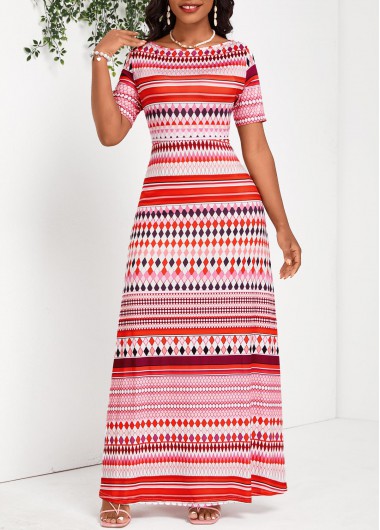 ROTITA Patchwork Geometric Print Multi Color Round Neck Maxi Dress