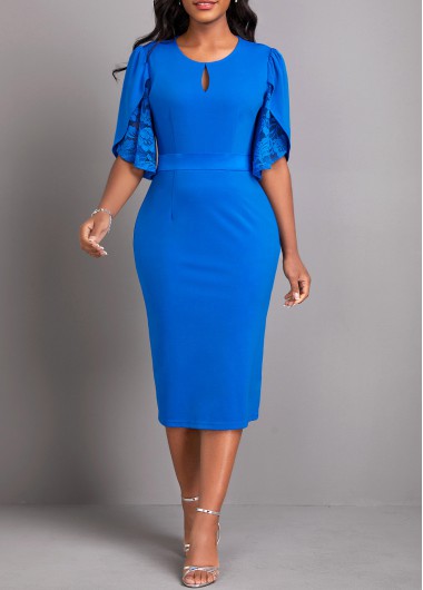 ROTITA Lace Blue Round Neck Half Sleeve Bodycon Dress