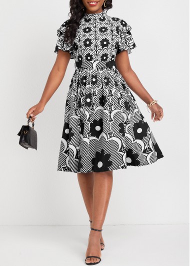 ROTITA Ruched Floral Print Black Belted Stand Collar Dress