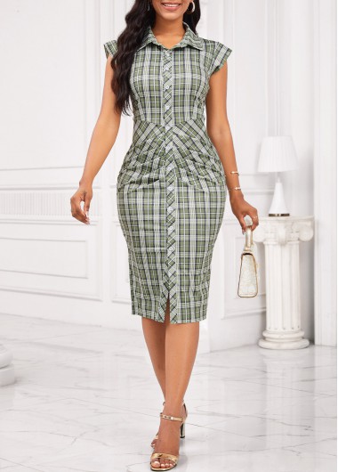 ROTITA Button Plaid Sage Green Shirt Collar Bodycon Dress