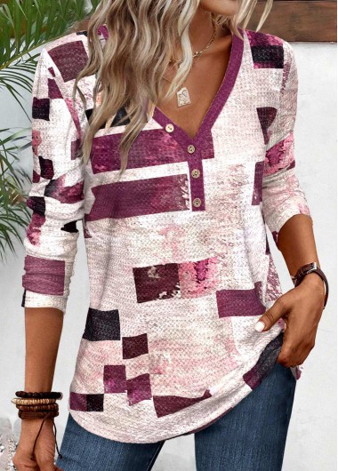 ROTITA Button Geometric Print Dark Reddish Purple T Shirt