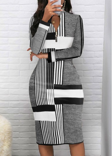 ROTITA Patchwork Striped Light Grey Marl Stand Collar Dress