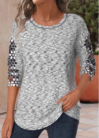 ROTITA Patchwork Light Grey Marl Round Neck T Shirt