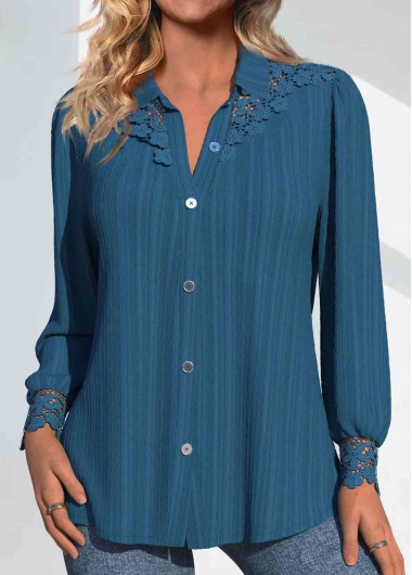 ROTITA Patchwork Peacock Blue Shirt Collar Long Sleeve Blouse