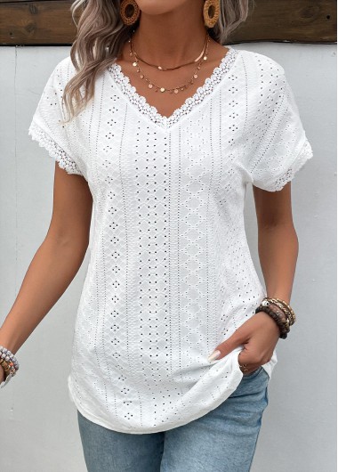 Patchwork White V Neck Short Sleeve T Shirt