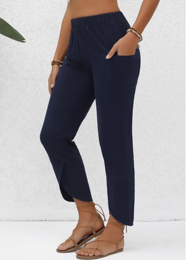 Pocket Navy Elastic Waist High Waisted Pants