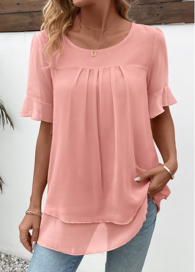 ROTITA Layered Pink Round Neck Short Sleeve Blouse