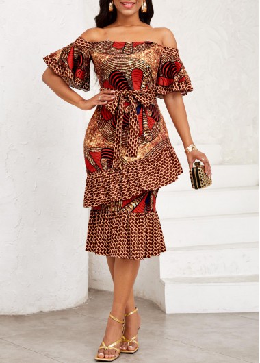 ROTITA Ruffle Geometric Print Ginger Belted Off Shoulder Bodycon Dress