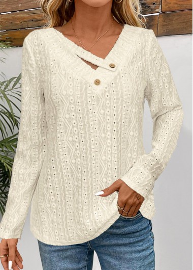 ROTITA Textured Fabric Beige V Neck Long Sleeve T Shirt